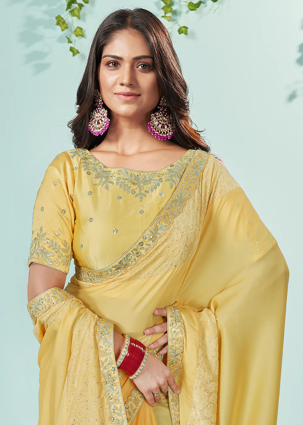 Yellow Georgette Silk Embroidered Designer Saree - Image 2