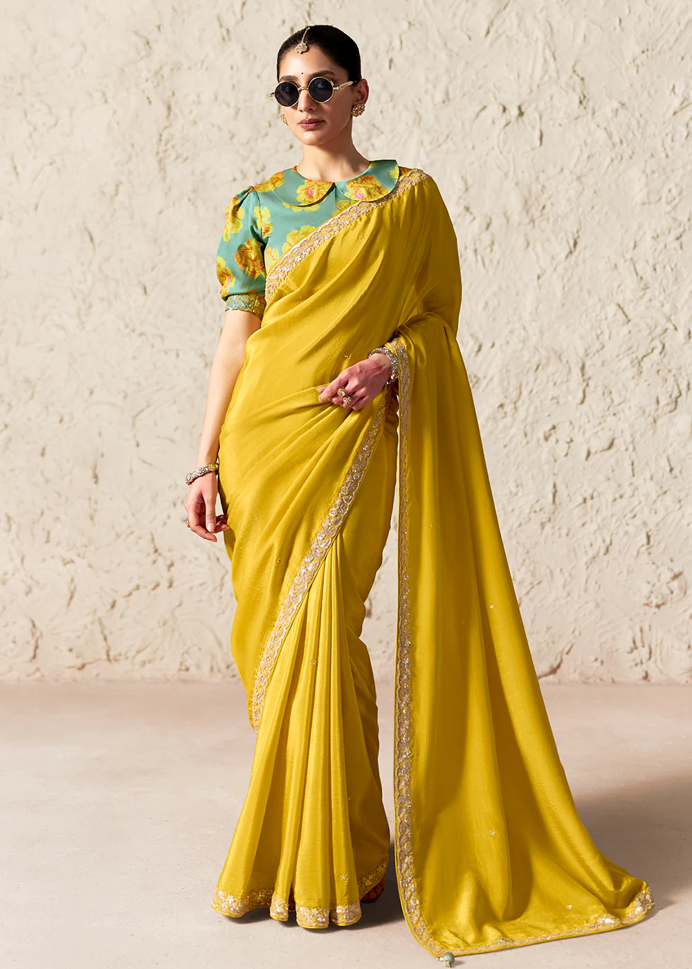 Yellow Glass Tissue Organza Designer Wear Saree