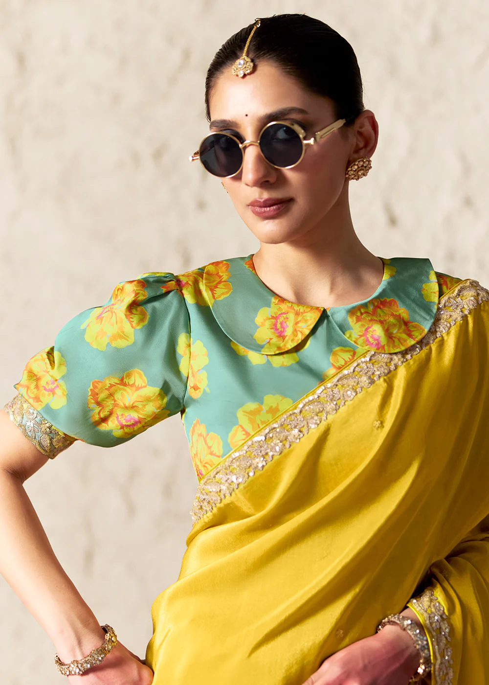 Yellow Glass Tissue Organza Designer Wear Saree - Image 2