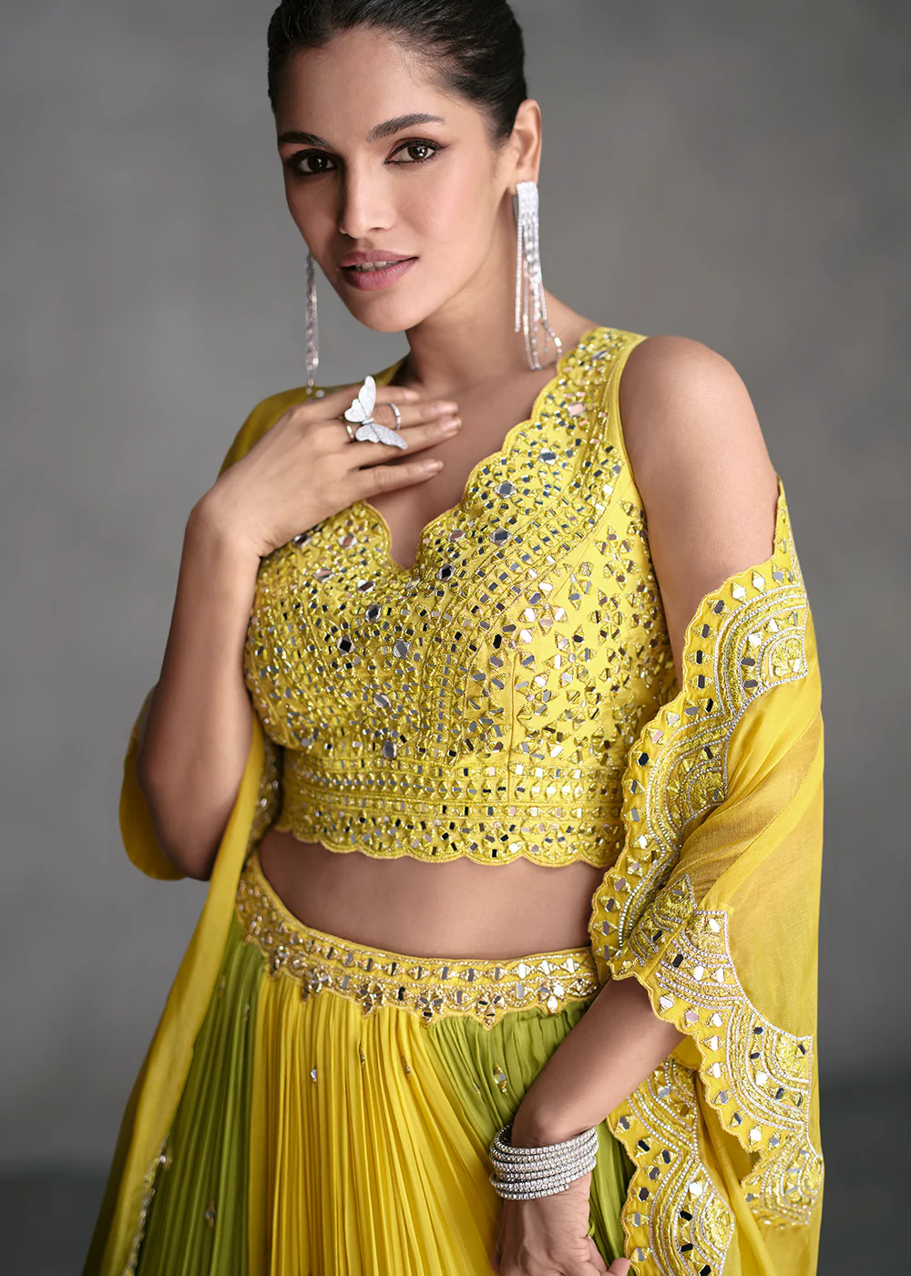 Yellow & Green Crop Style Designer Indo Western Lehenga - Image 2
