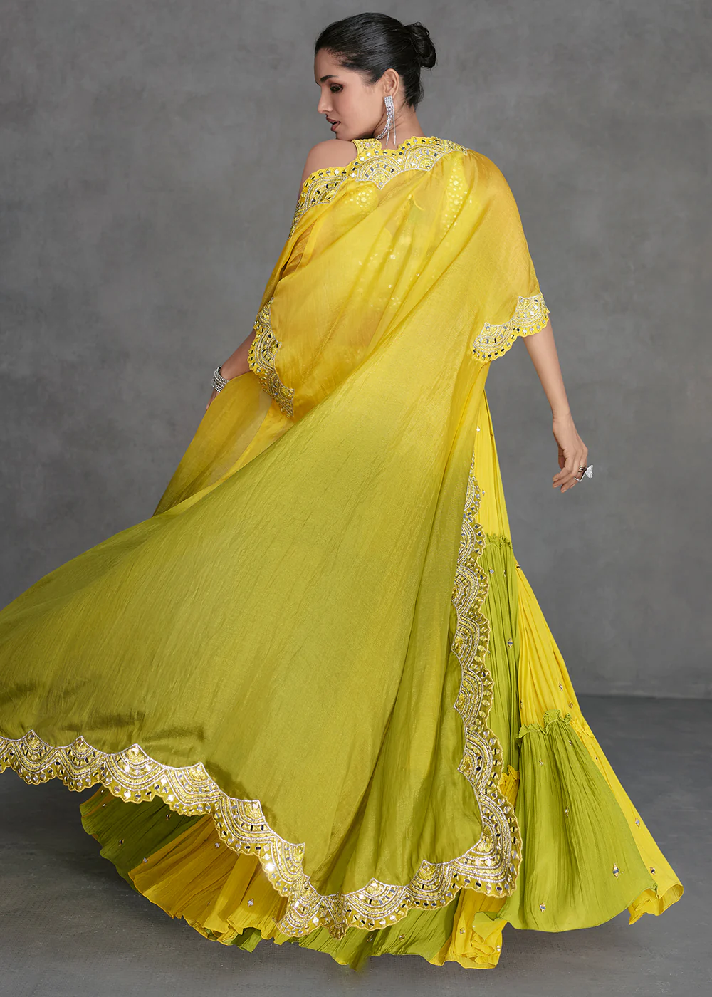 Yellow & Green Crop Style Designer Indo Western Lehenga - Image 3