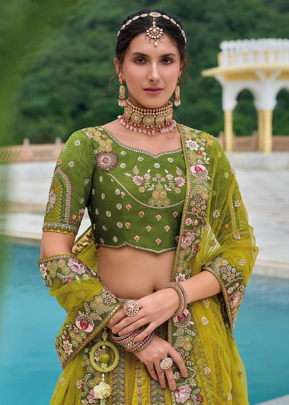 Yellow & Green Heavy Embroidered Bridal Style Lehenga Choli - Image 2