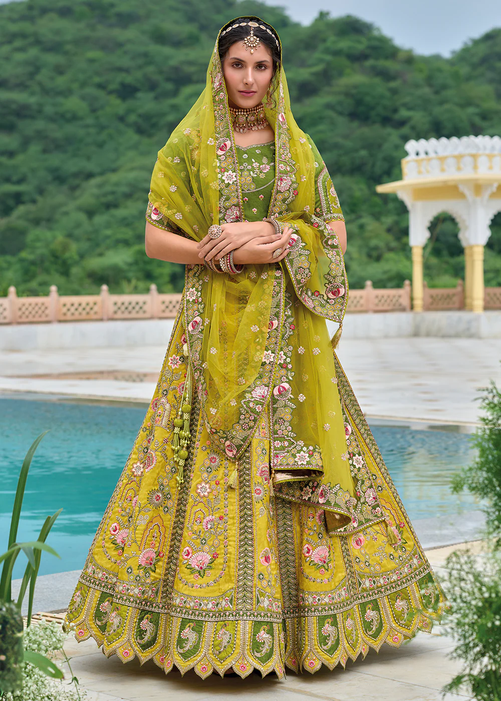 Yellow & Green Heavy Embroidered Bridal Style Lehenga Choli - Image 3