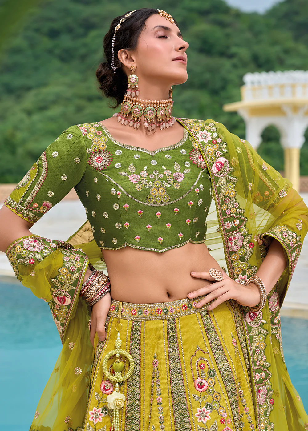 Yellow & Green Heavy Embroidered Bridal Style Lehenga Choli - Image 4