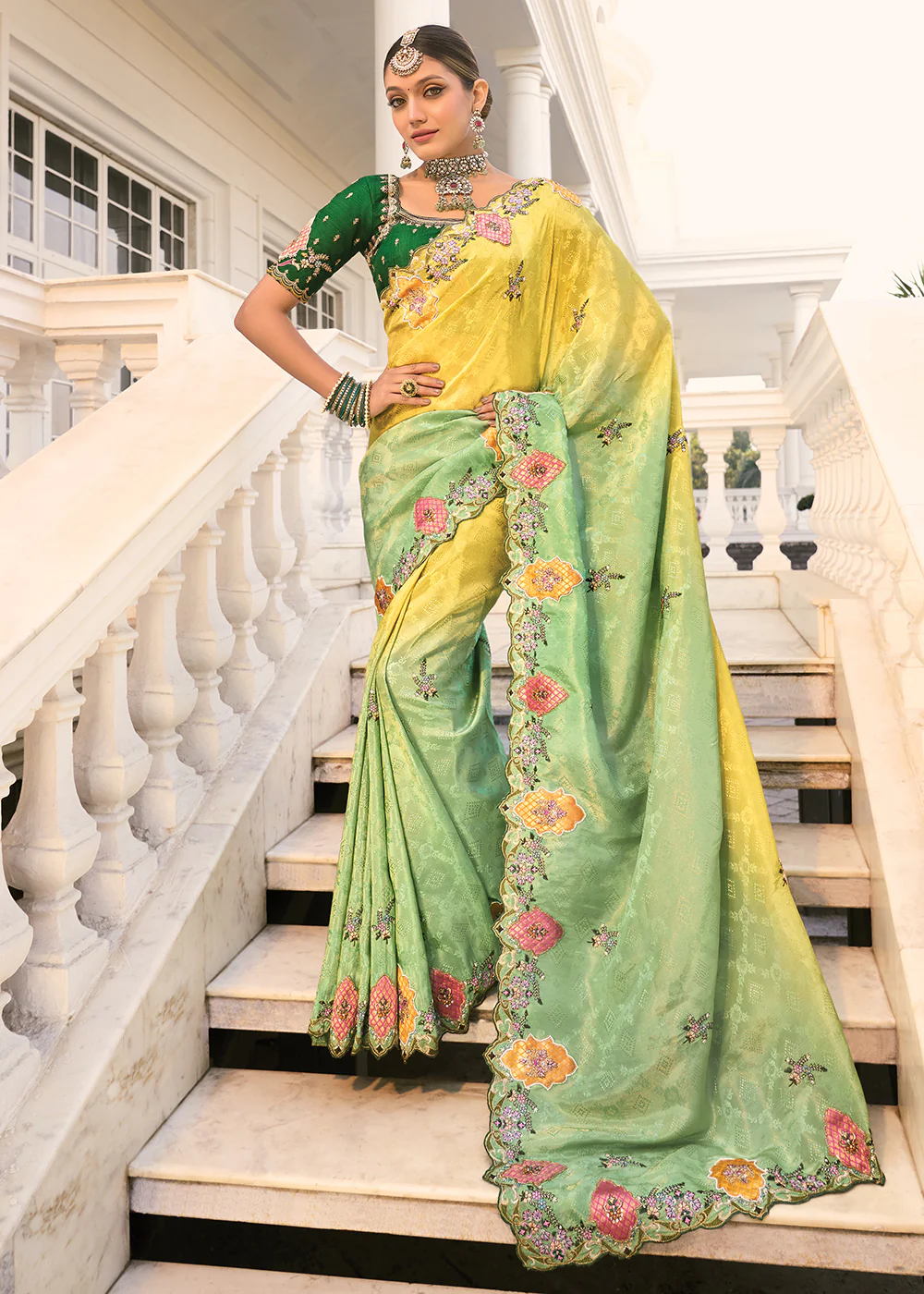 Yellow & Green Heavy Embroidered Wedding Designer Saree