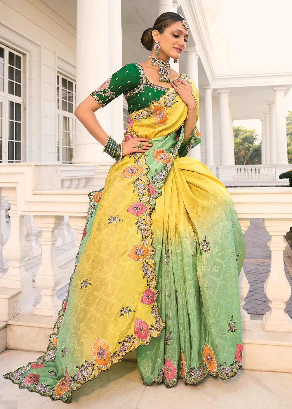 Yellow & Green Heavy Embroidered Wedding Designer Saree - Image 3