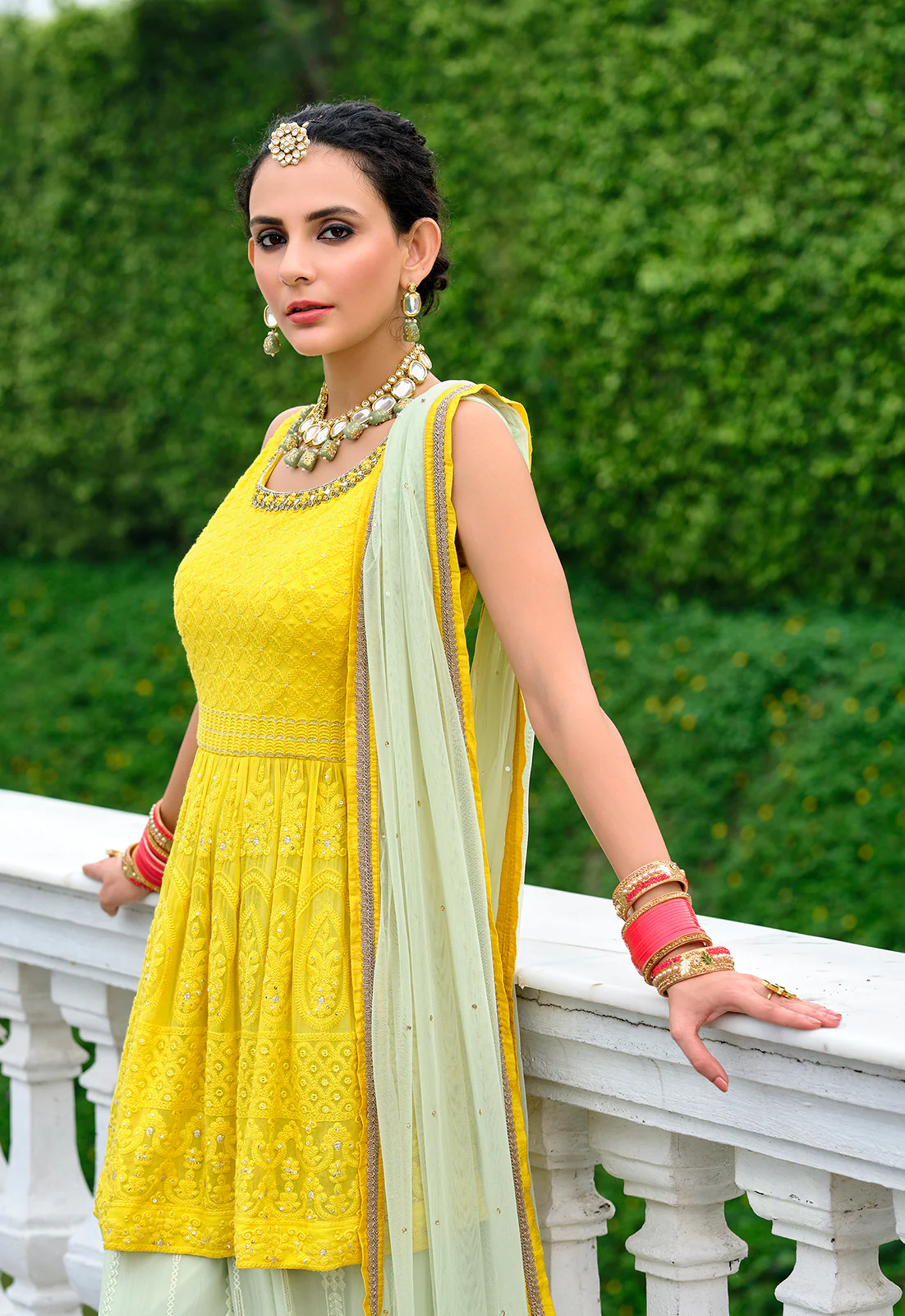 Yellow & Green Palazzo Style Viscose Georgette Peplum Suit - Image 2