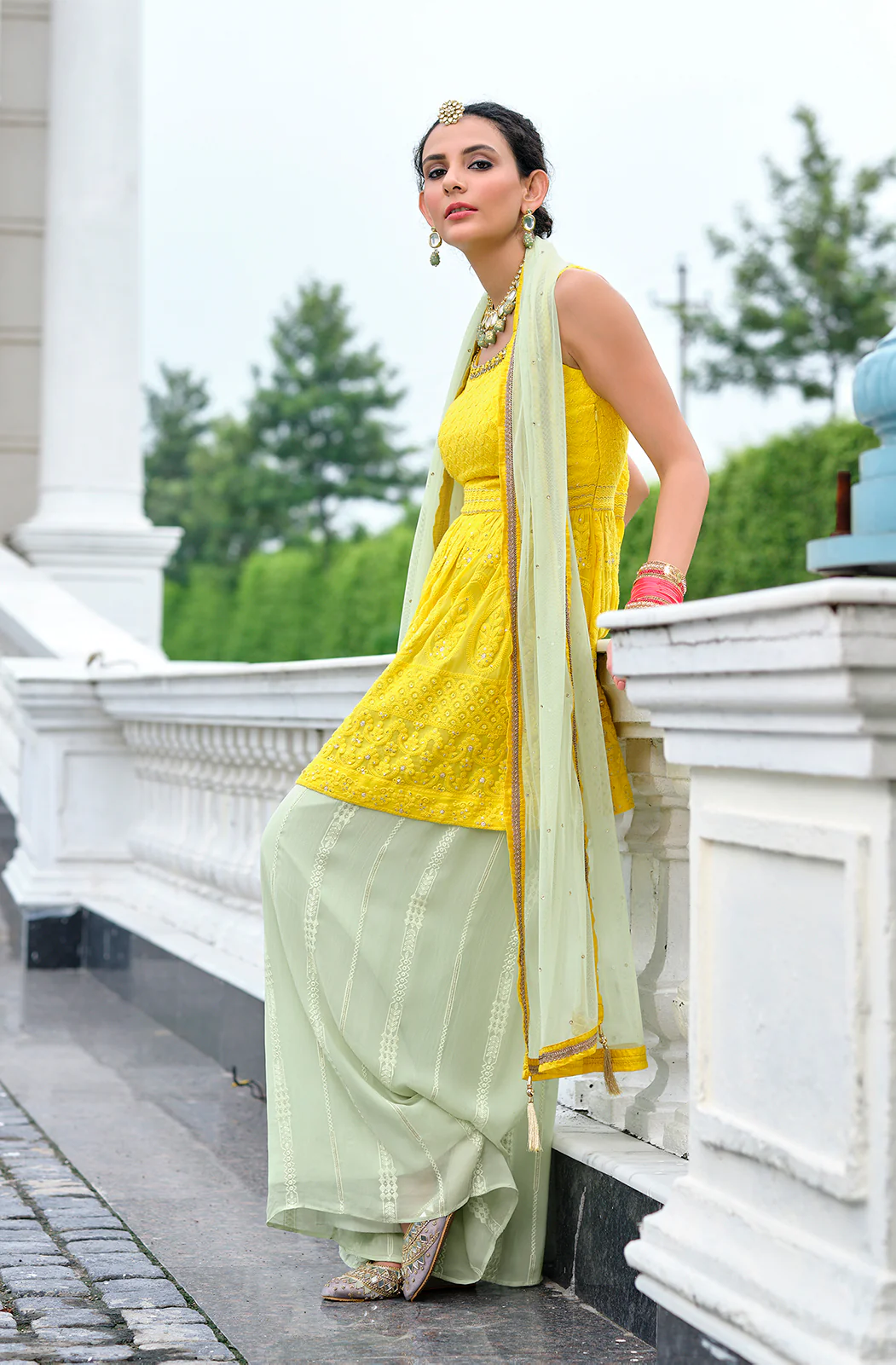 Yellow & Green Palazzo Style Viscose Georgette Peplum Suit - Image 3