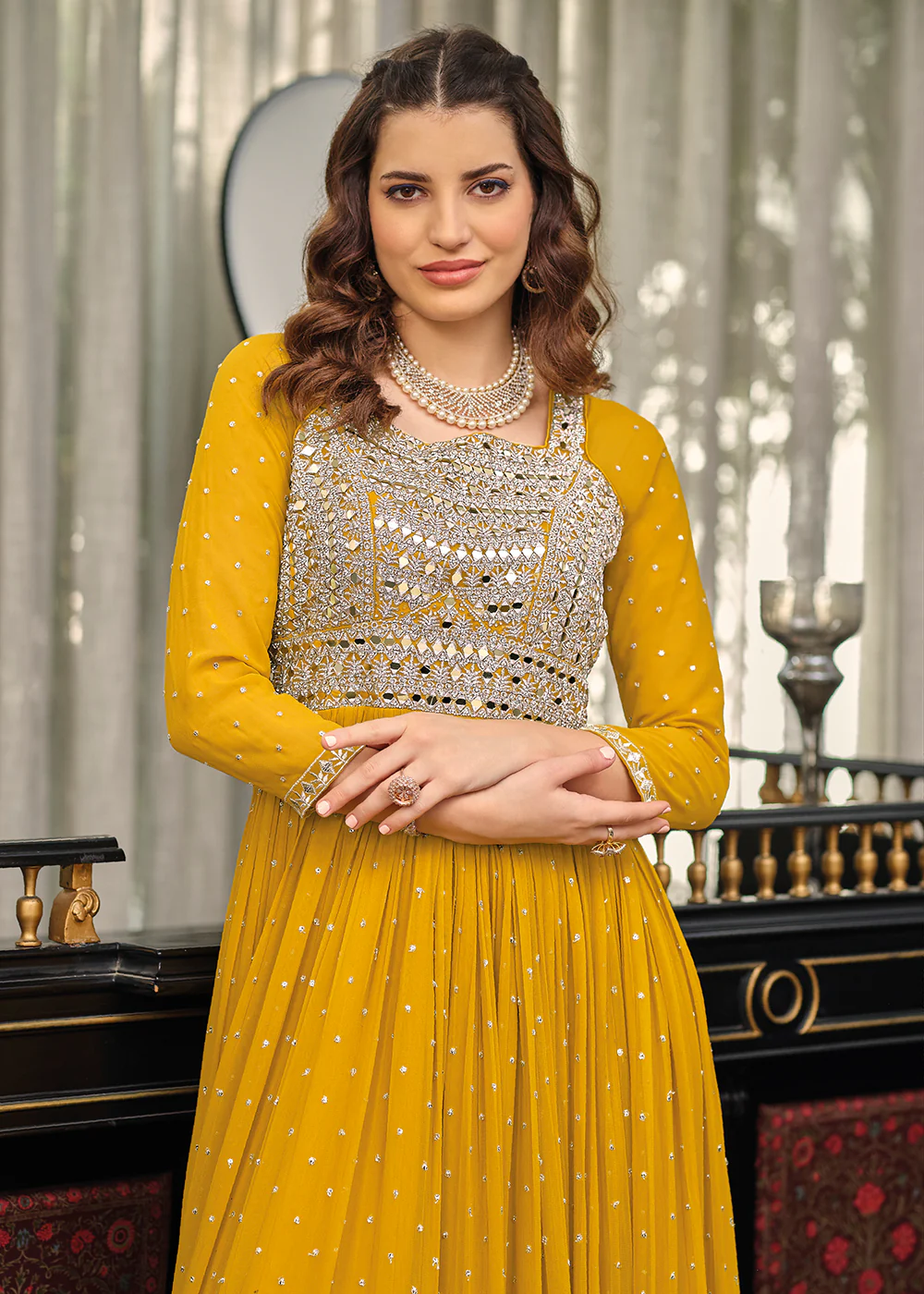 Yellow Haldi Wedding Party Wear Long Anarkali Gown - Image 2