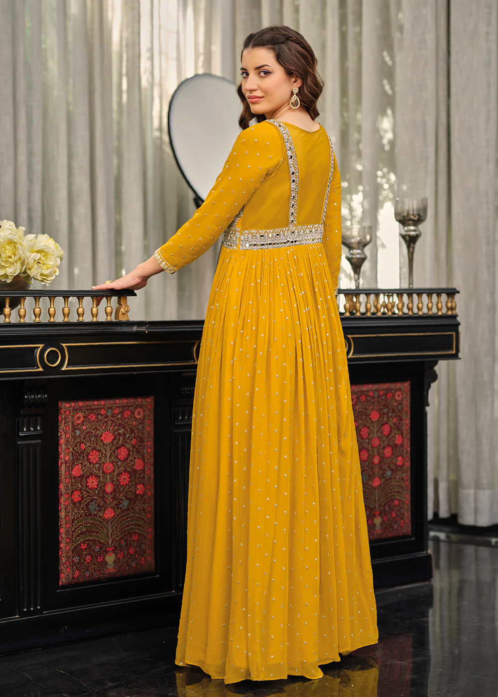 Yellow Haldi Wedding Party Wear Long Anarkali Gown - Image 3