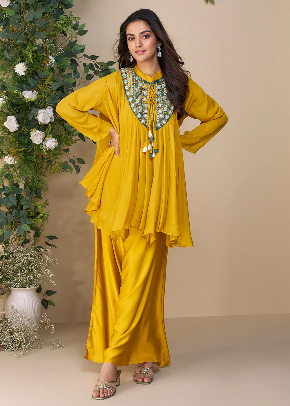 Yellow Hand Embellished Poncho Kaftan Style Dress
