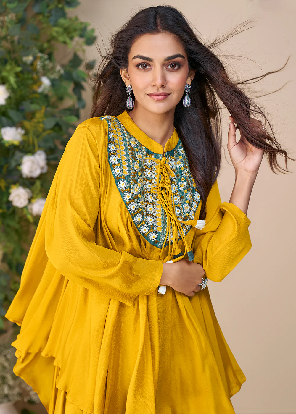Yellow Hand Embellished Poncho Kaftan Style Dress - Image 2