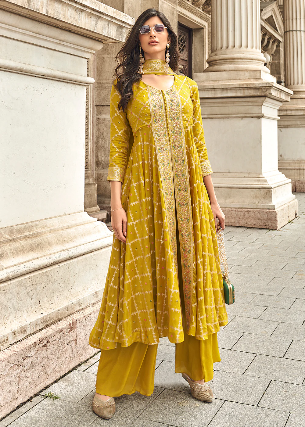 Yellow Hand Embellished Work Slit Palazzo Suit