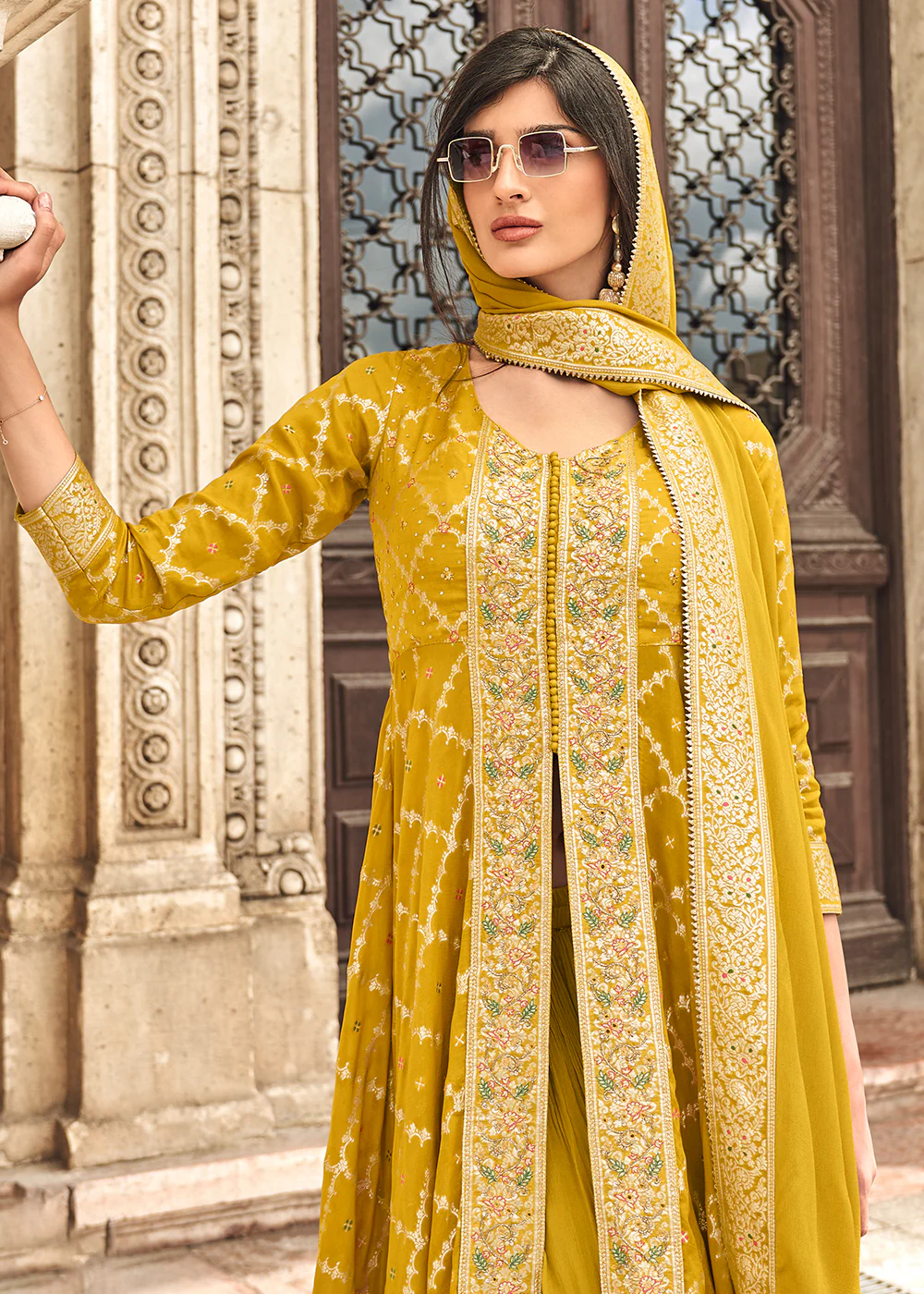 Yellow Hand Embellished Work Slit Palazzo Suit - Image 3