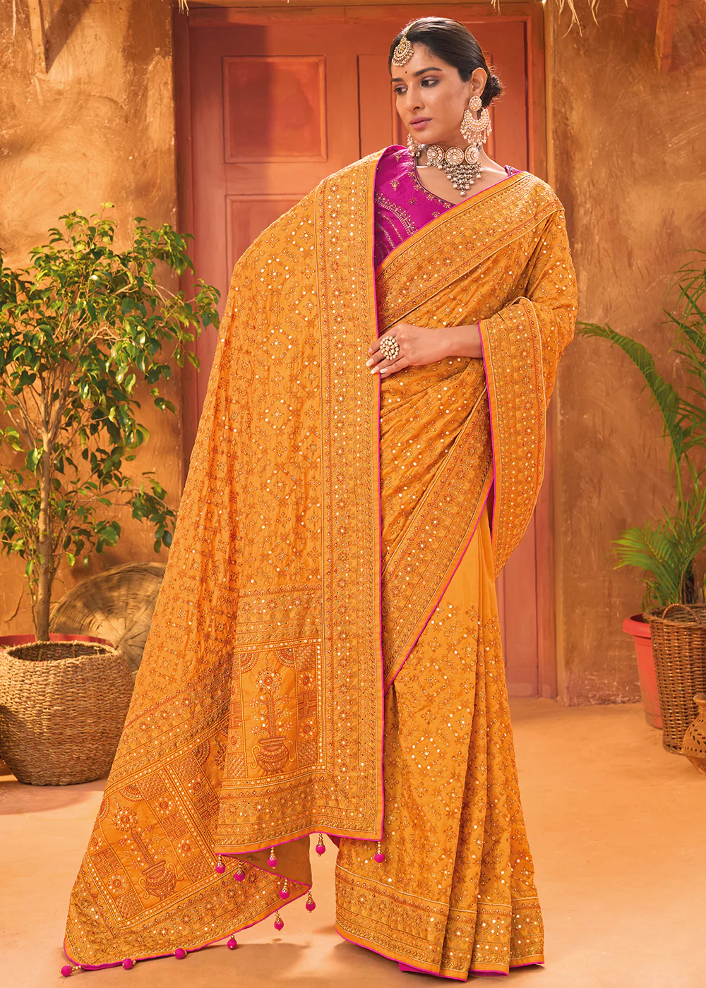 Yellow Hand Work Embroidered Traditional Banarasi Silk Saree - Image 4