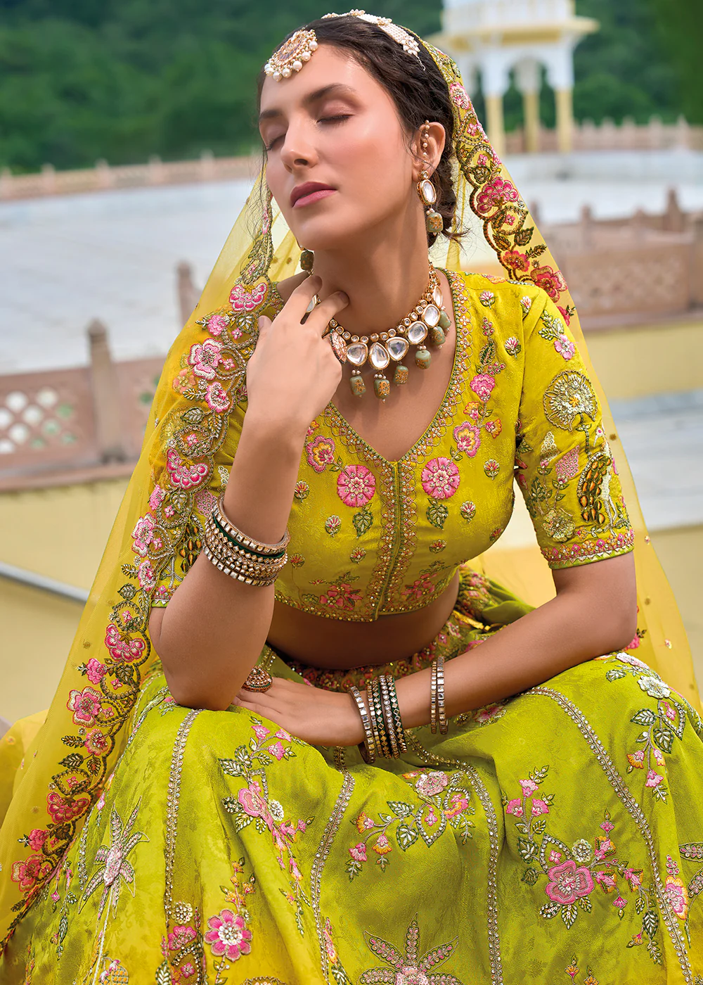 Yellow Heavy Embroidered Bridal Style Lehenga Choli - Image 4