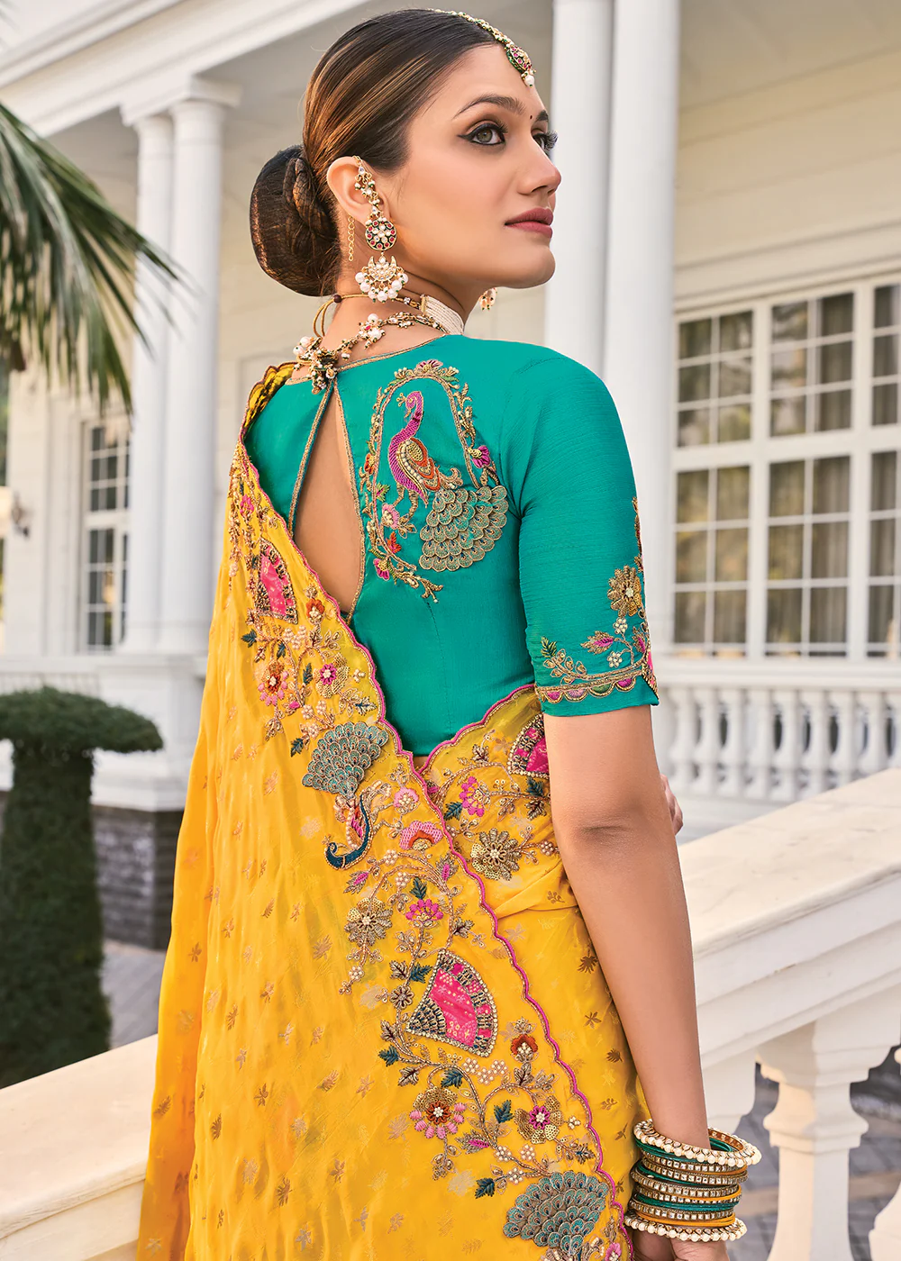 Yellow Heavy Embroidered Wedding Designer Saree - Image 3