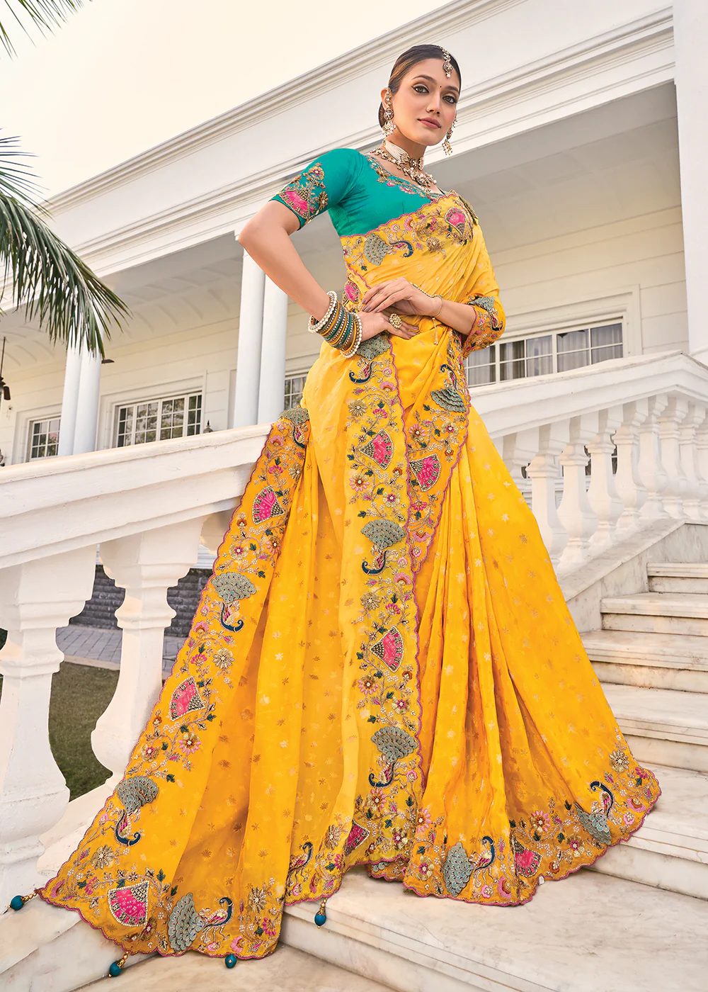 Yellow Heavy Embroidered Wedding Designer Saree - Image 4