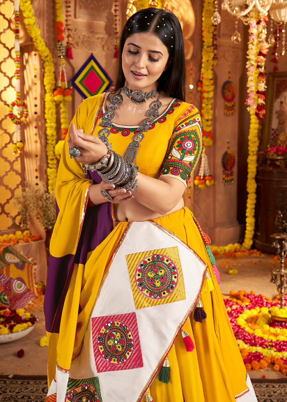 Yellow Jacquard Patch Work Navratri Chaniya Choli - Image 2