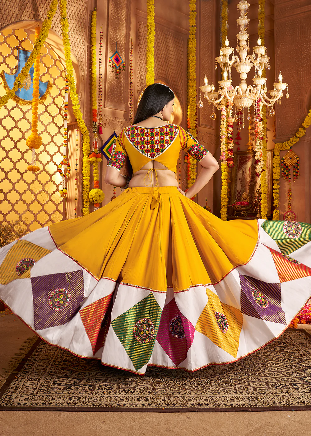 Yellow Jacquard Patch Work Navratri Chaniya Choli - Image 3