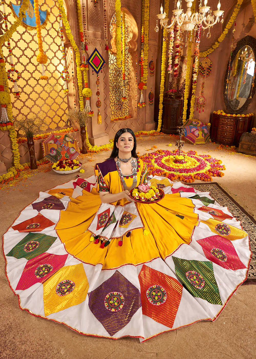 Yellow Jacquard Patch Work Navratri Chaniya Choli - Image 4