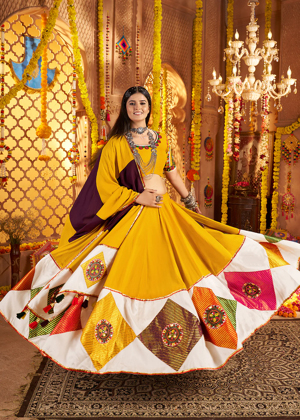 Yellow Jacquard Patch Work Navratri Chaniya Choli - Image 6