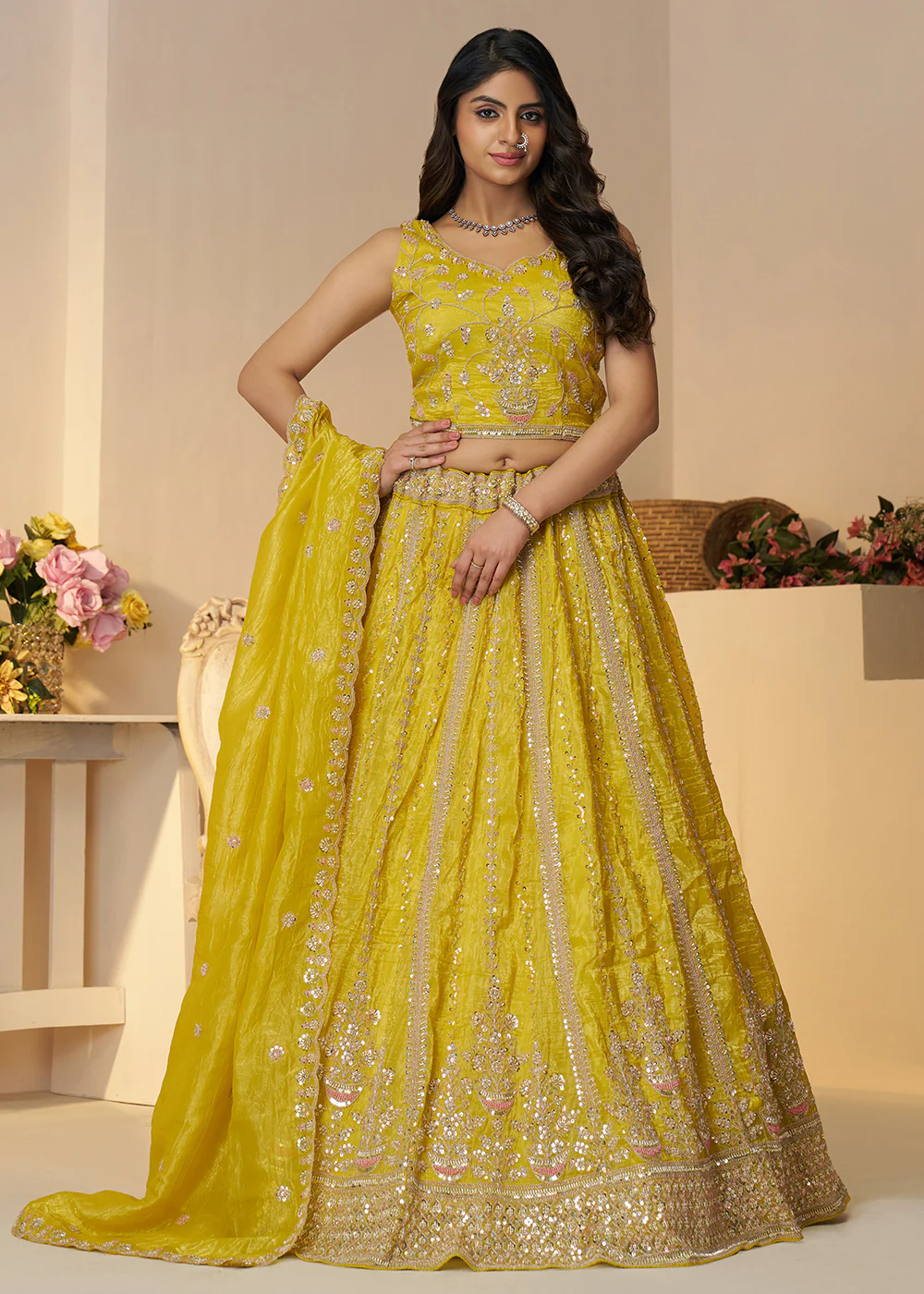 Yellow Jimmy Choo Material Wedding Festive Lehenga Choli