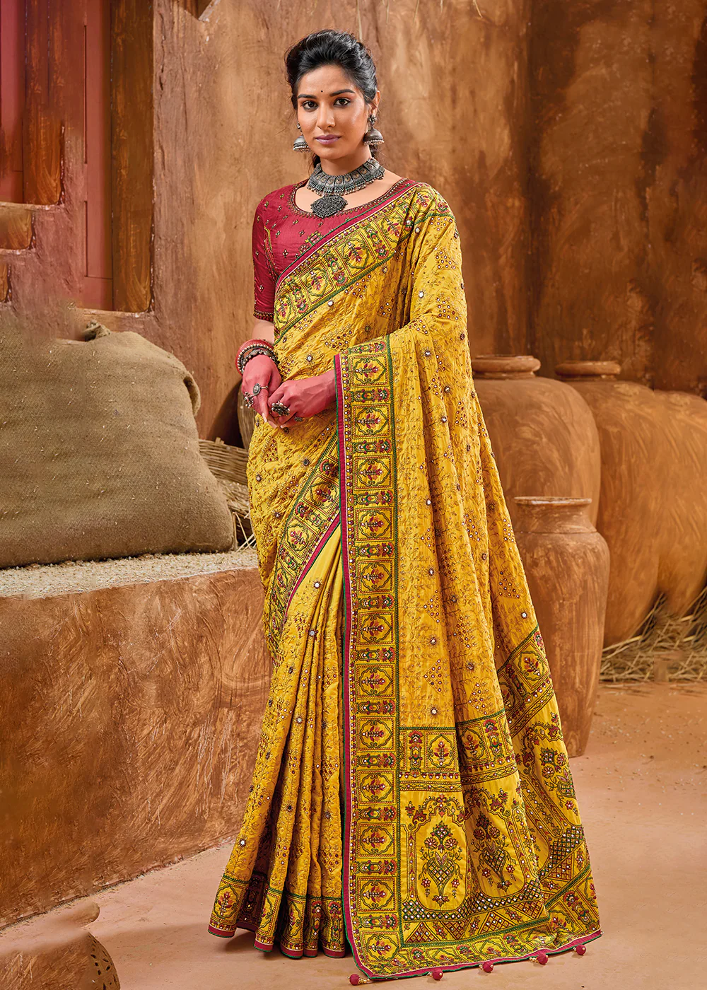Yellow Kachhi & Mirror Work Traditional Banarasi Saree