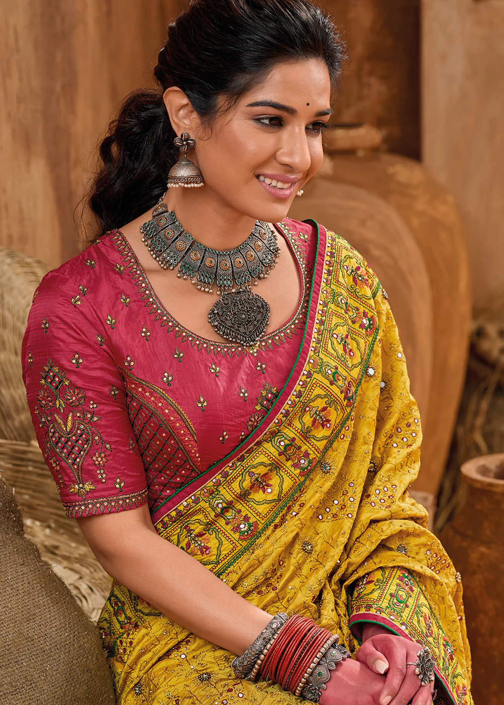 Yellow Kachhi & Mirror Work Traditional Banarasi Saree - Image 2