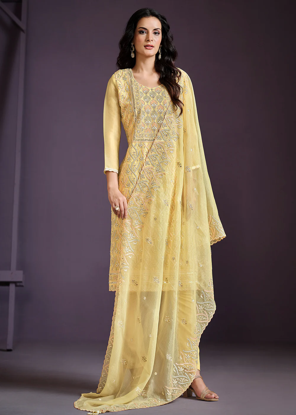Yellow Lucknowi Embroidered Chiffon Festive Salwar Suit
