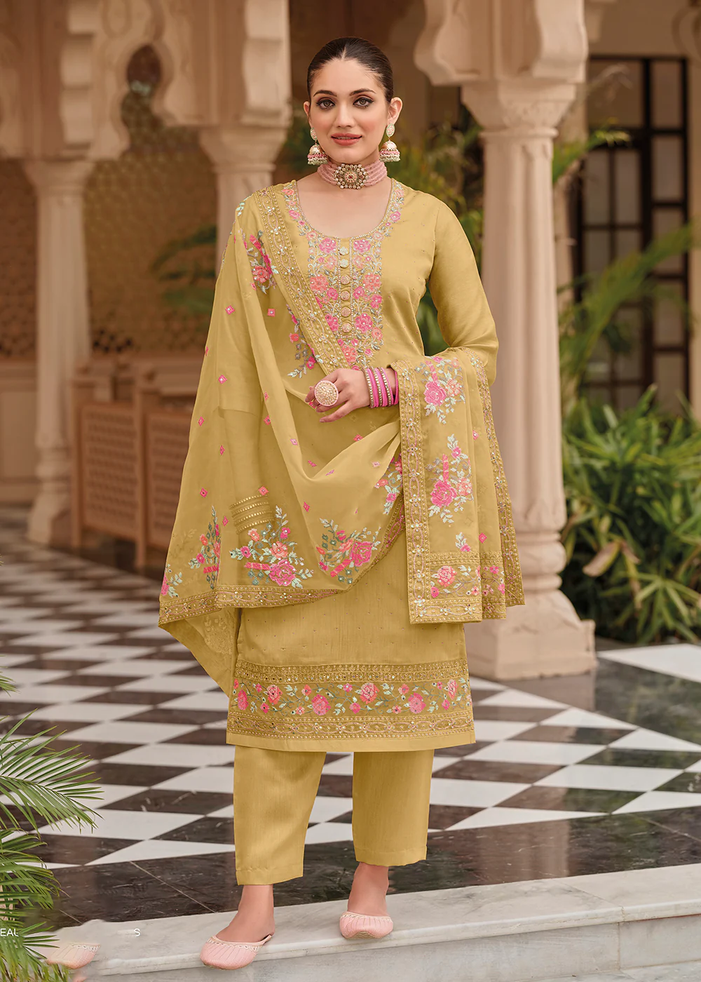Yellow Maheshwari Silk Embroidered Festive Salwar Suit