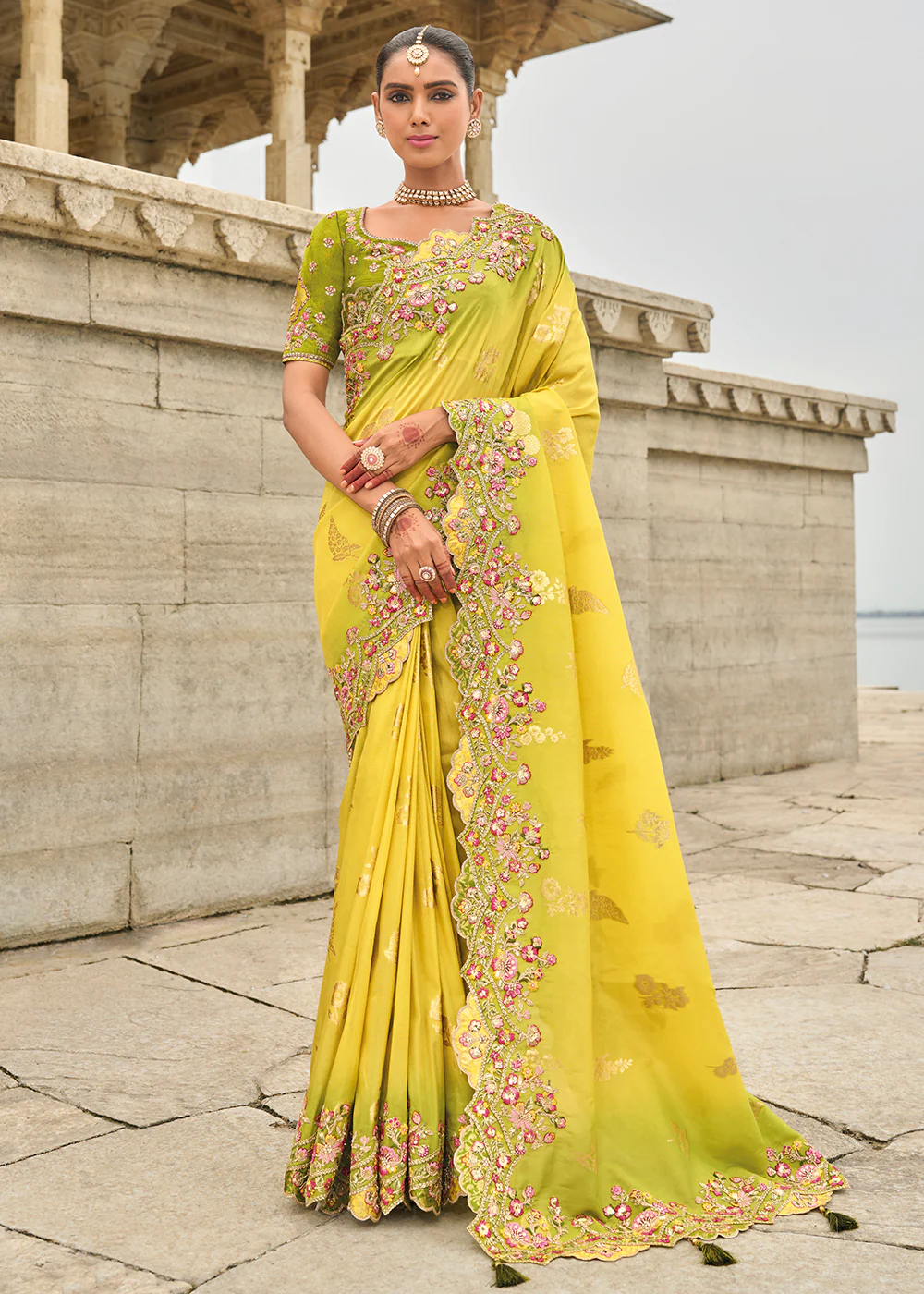Yellow Mehendi Viscose Tissue Silk Designer Saree