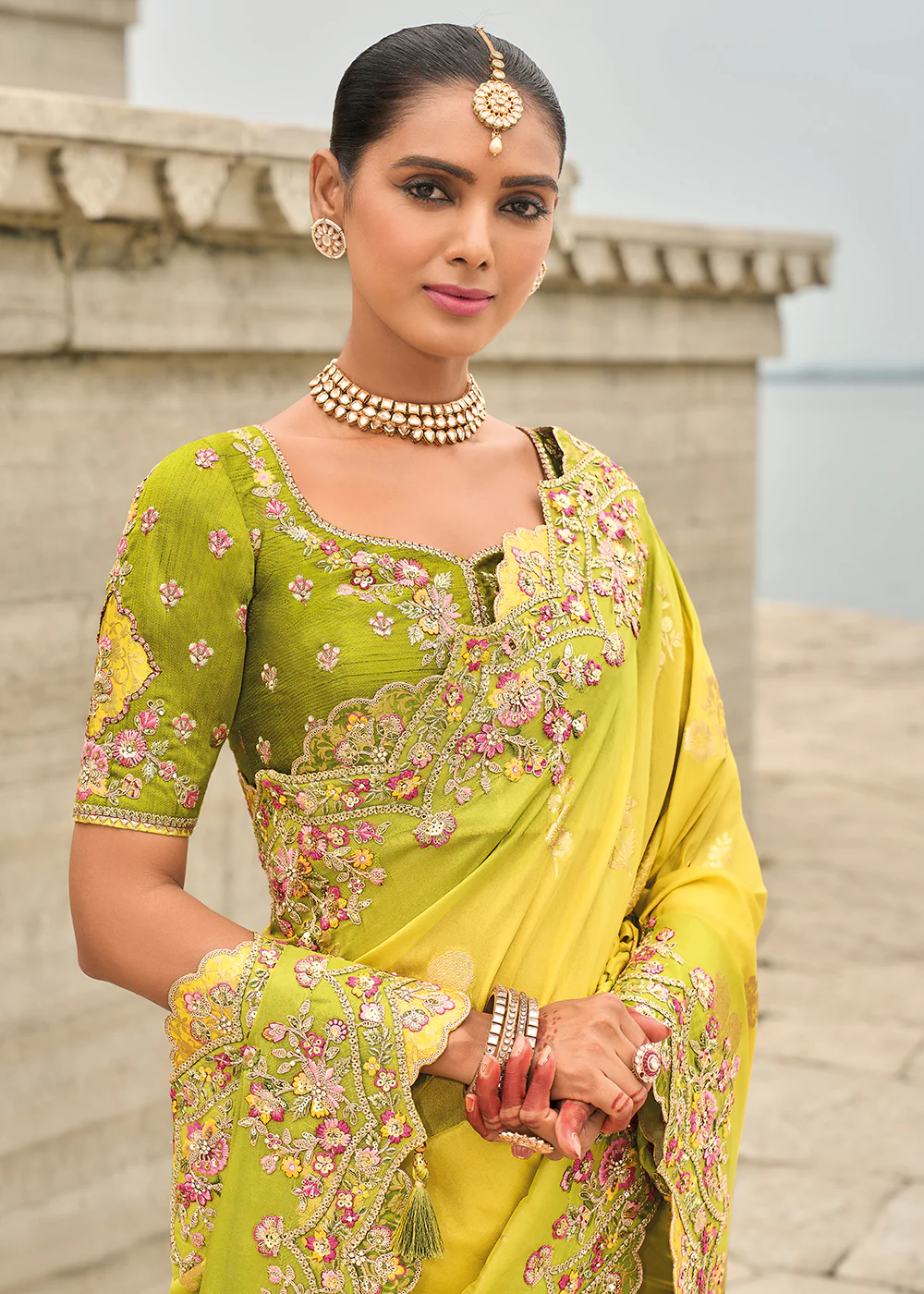 Yellow Mehendi Viscose Tissue Silk Designer Saree - Image 2