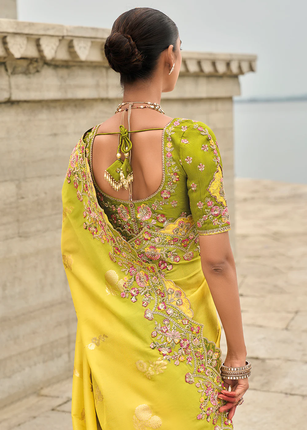 Yellow Mehendi Viscose Tissue Silk Designer Saree - Image 3