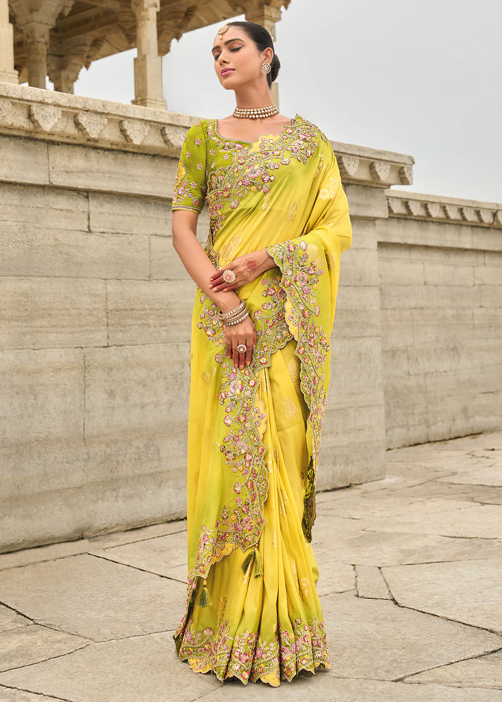 Yellow Mehendi Viscose Tissue Silk Designer Saree - Image 4
