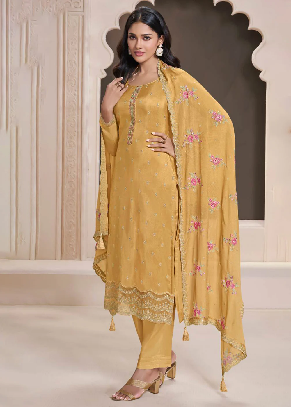 Yellow Moonga Silk Embroidered Festive Style Salwar Suit