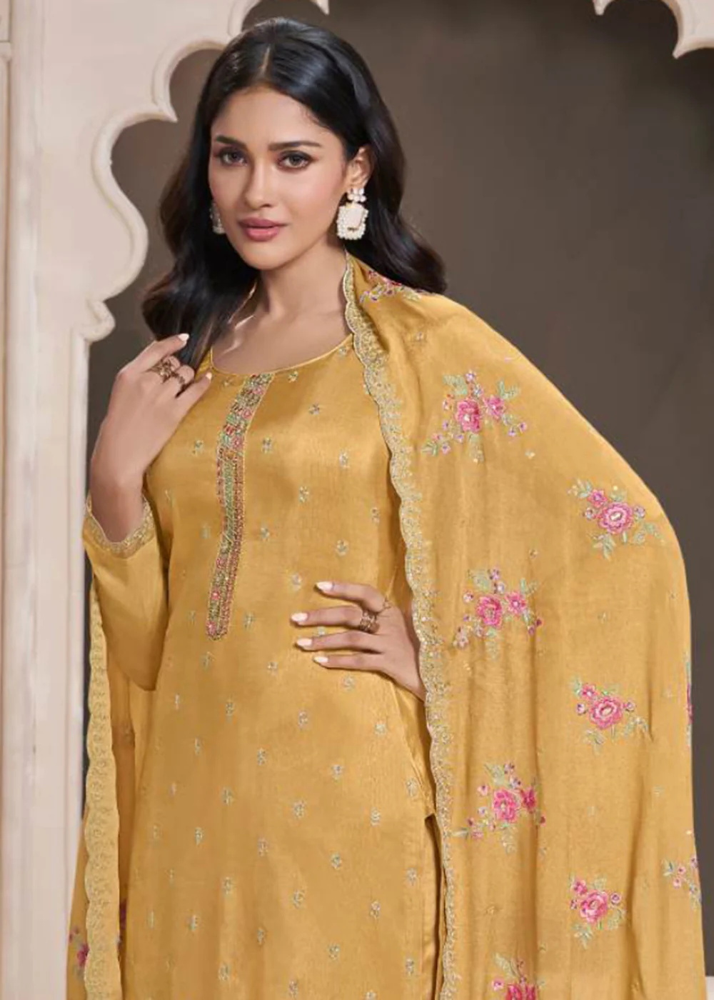 Yellow Moonga Silk Embroidered Festive Style Salwar Suit - Image 2