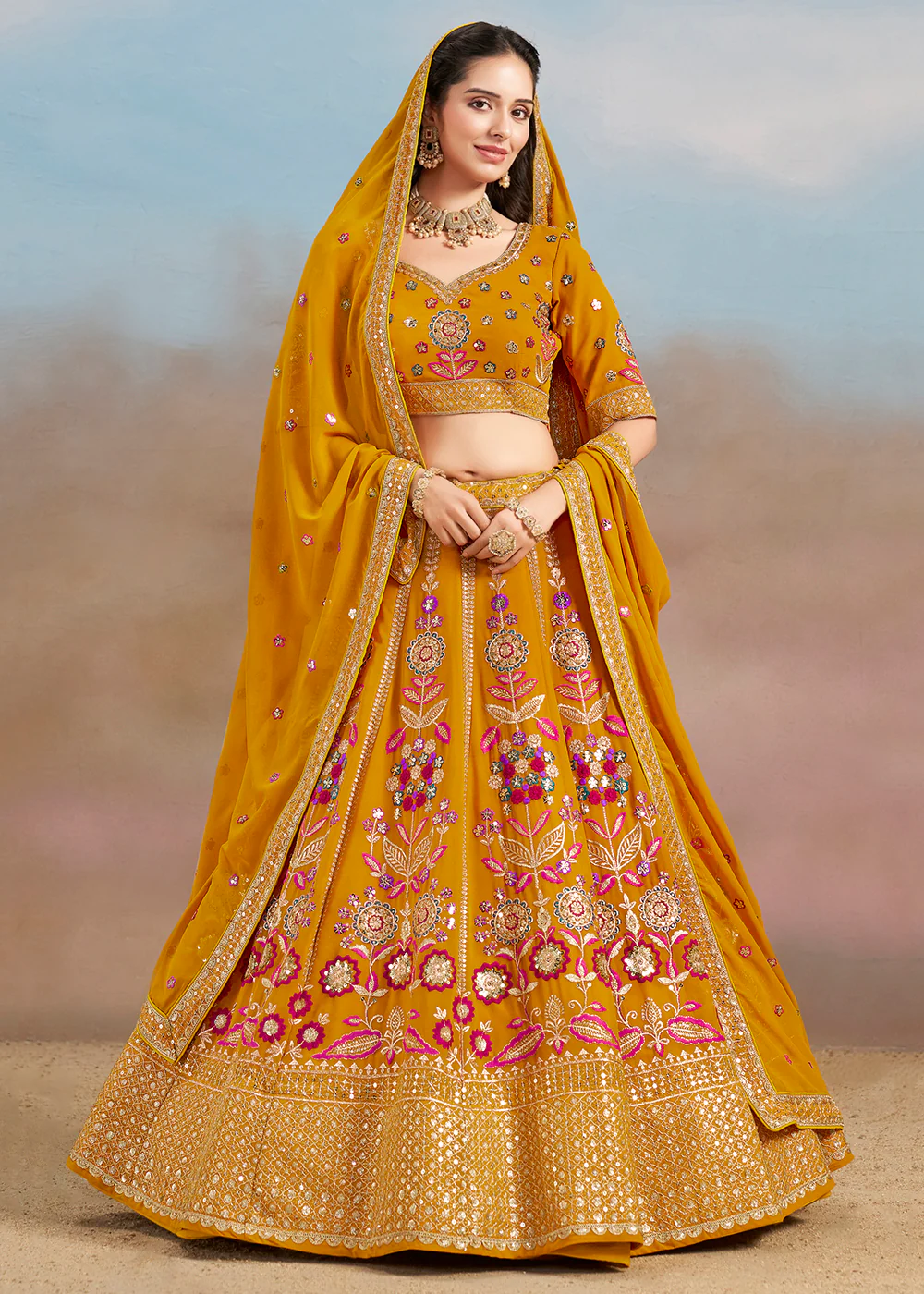Yellow Multi Color Threads Work Festive Lehenga Choli