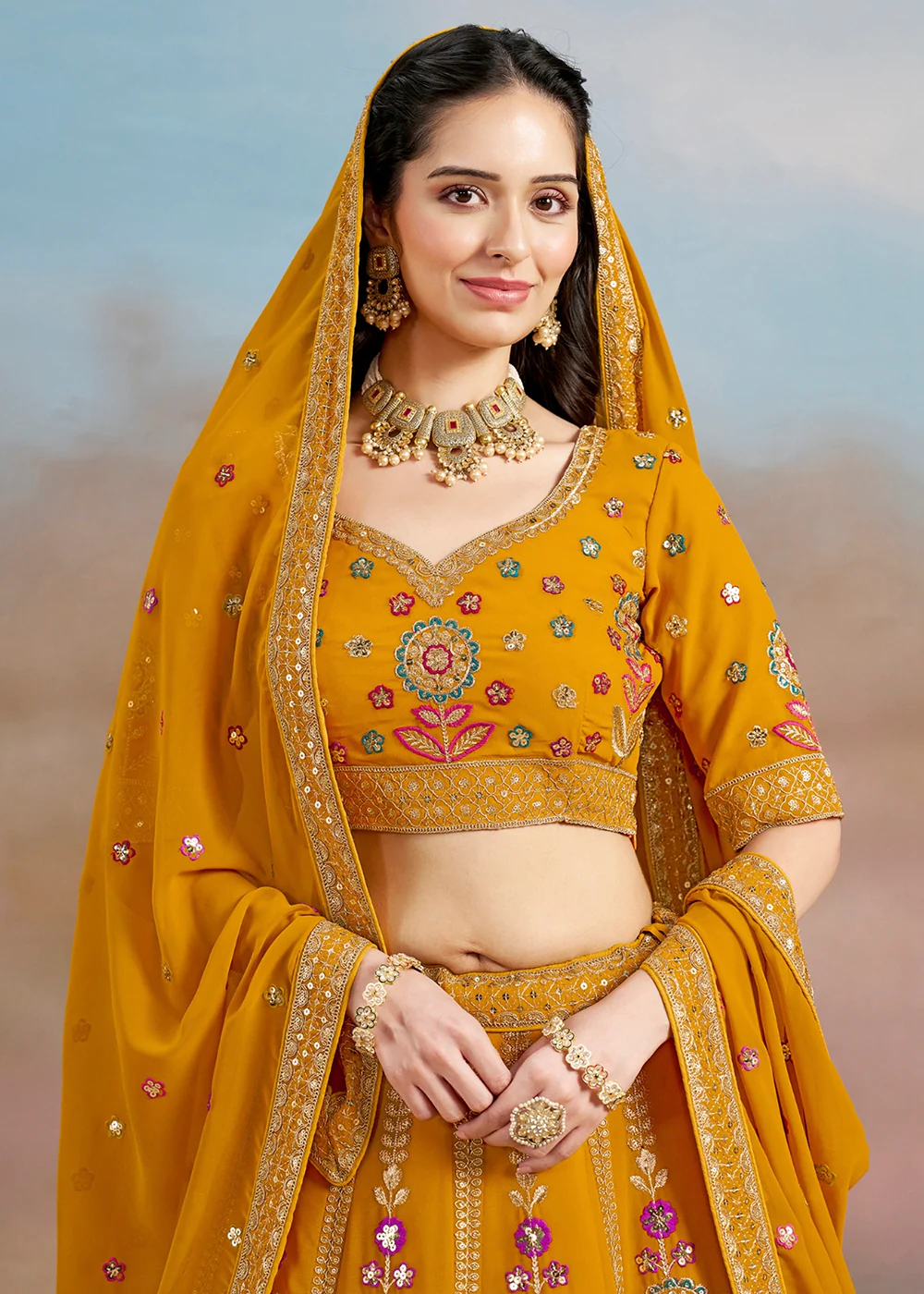 Yellow Multi Color Threads Work Festive Lehenga Choli - Image 2