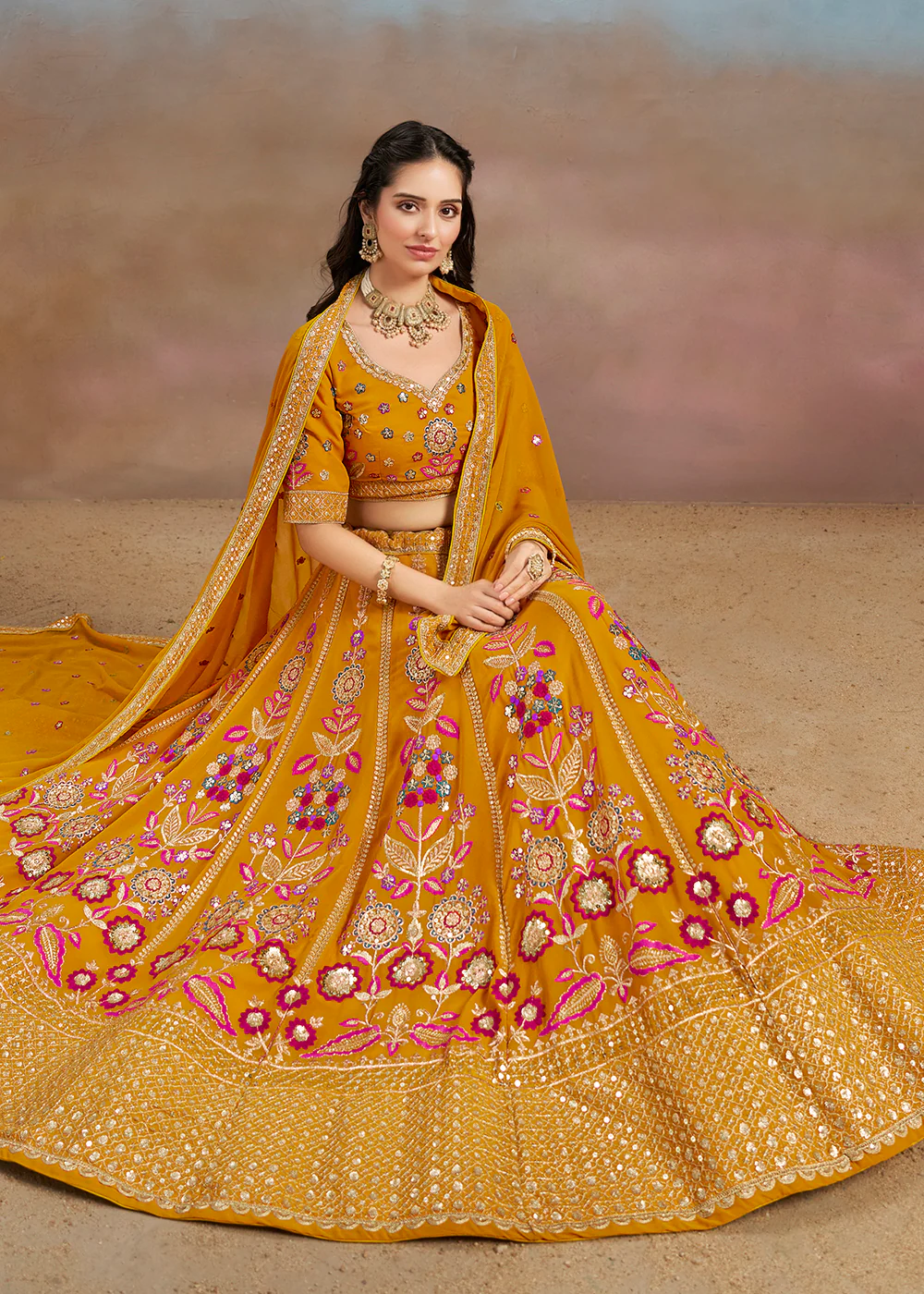 Yellow Multi Color Threads Work Festive Lehenga Choli - Image 4