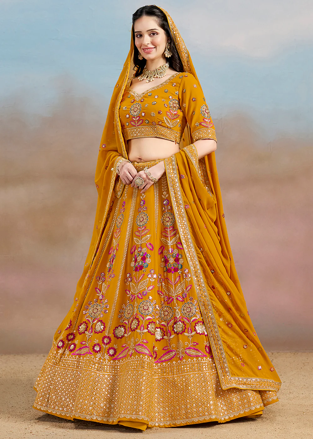 Yellow Multi Color Threads Work Festive Lehenga Choli - Image 5