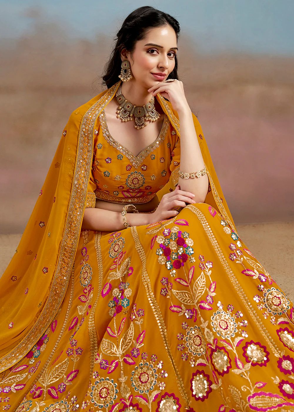 Yellow Multi Color Threads Work Festive Lehenga Choli - Image 7