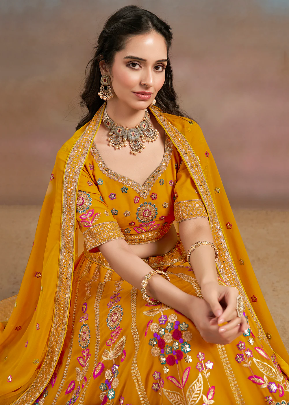 Yellow Multi Color Threads Work Festive Lehenga Choli - Image 8