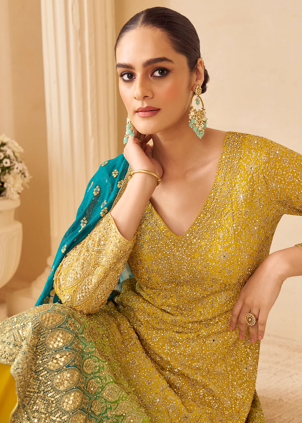 Yellow Multi Embroidered Function Wear Palazzo Suit - Image 2