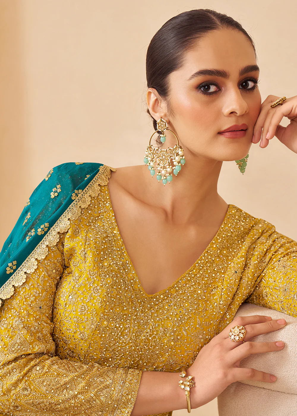 Yellow Multi Embroidered Function Wear Palazzo Suit - Image 3