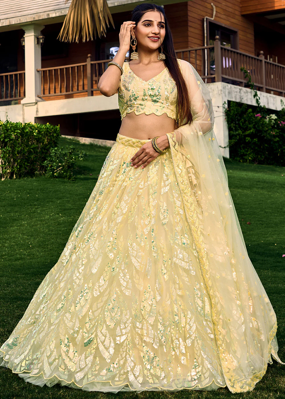Yellow Multi Sequins & Thread Wedding Lehenga Choli