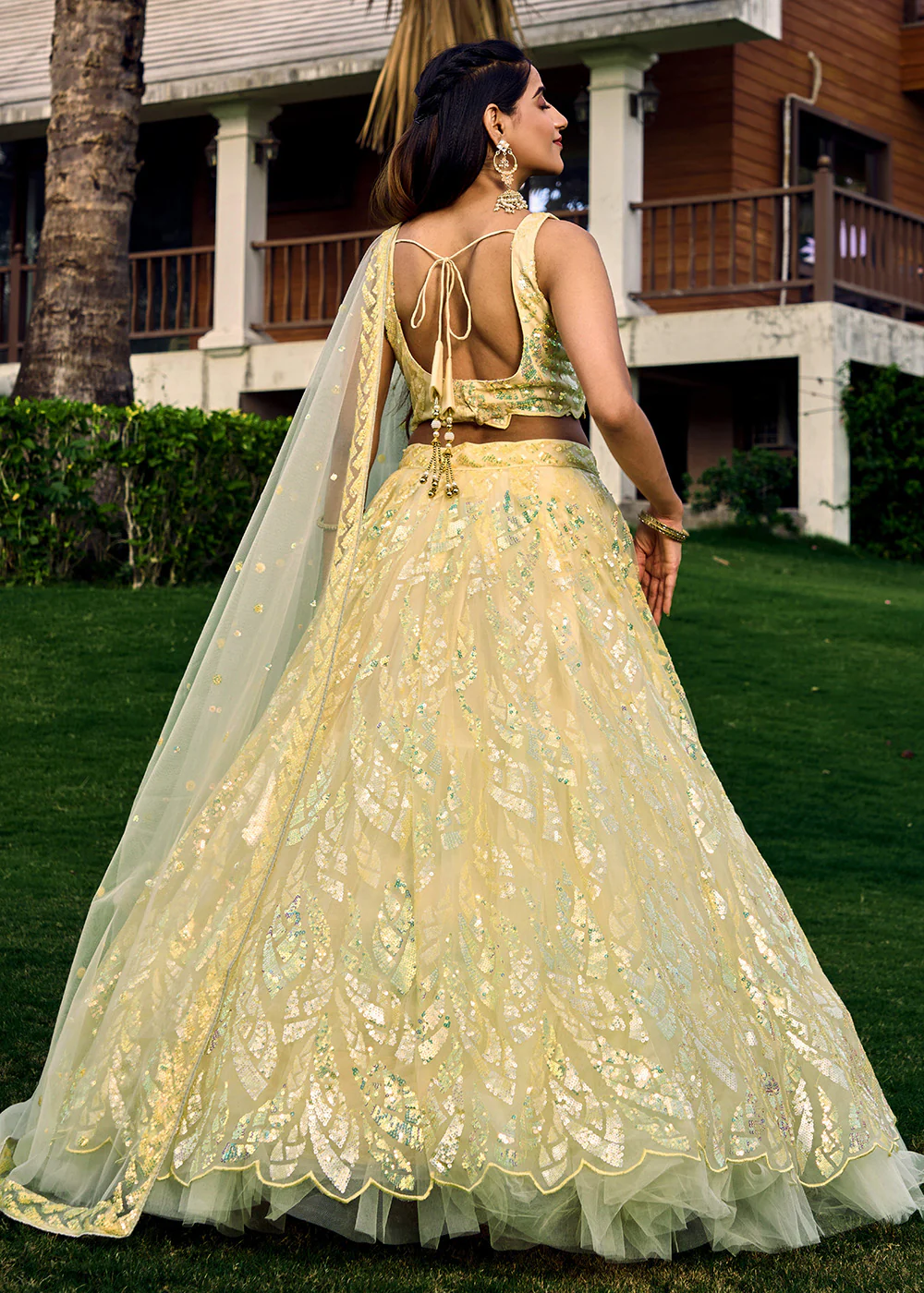 Yellow Multi Sequins & Thread Wedding Lehenga Choli - Image 3