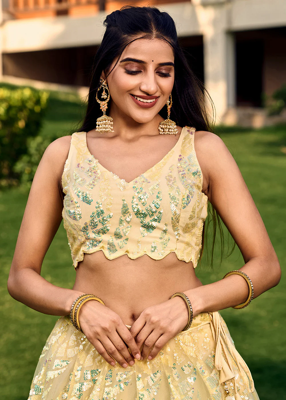 Yellow Multi Sequins & Thread Wedding Lehenga Choli - Image 4