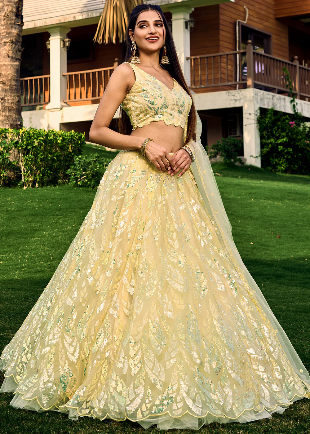Yellow Multi Sequins & Thread Wedding Lehenga Choli - Image 6