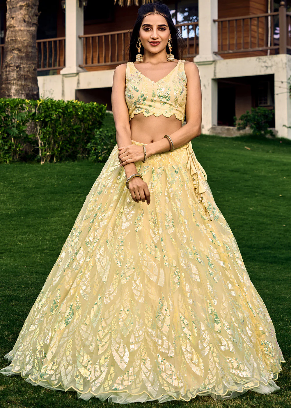 Yellow Multi Sequins & Thread Wedding Lehenga Choli - Image 9